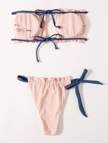 Ruched Frill Bandeau Thong Bikini Set - Baby Pink - View 2