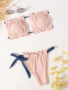 Ruched Frill Bandeau Thong Bikini Set - Baby Pink - View 4