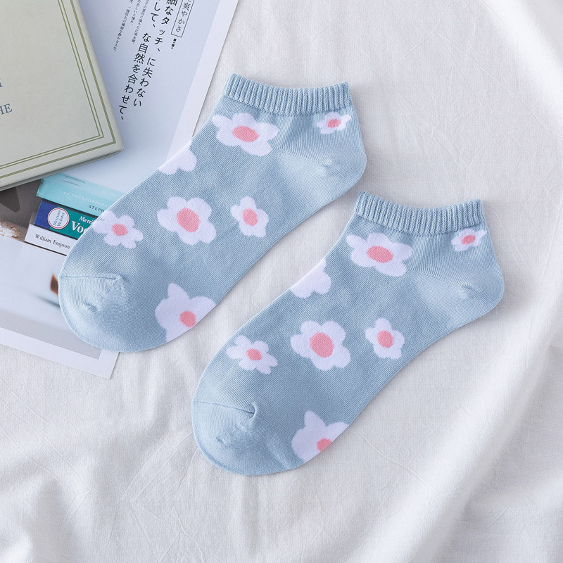 

1pair Flower Pattern Ankle Socks, Blue