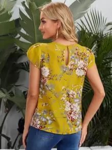 SHEIN Clasi Keyhole Back Puff Sleeve Floral Top - Yellow - View 2