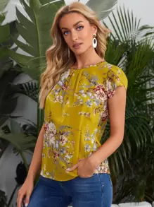SHEIN Clasi Keyhole Back Puff Sleeve Floral Top - Yellow - View 3