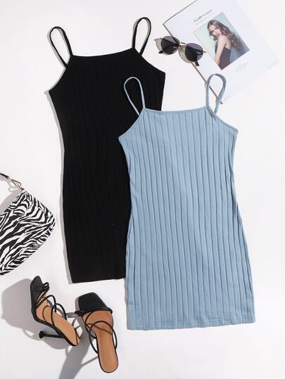SHEIN 2 Packs Rib-Knit Slip Dress