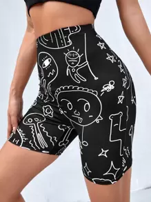 SHEIN EZwear Cartoon Graphic Cycling Shorts - Black - View 2
