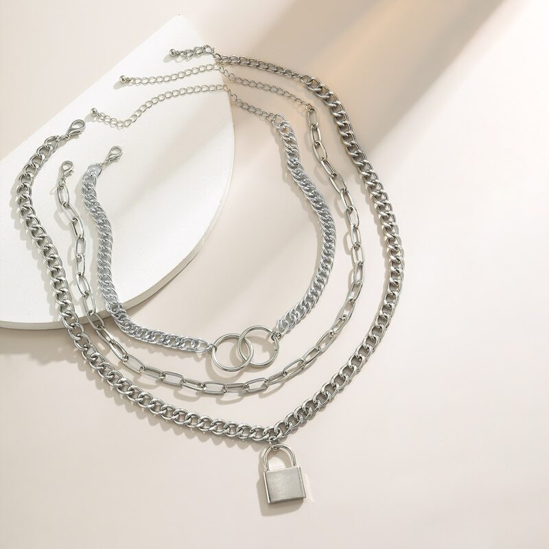 

3pcs Lock Charm Layered Necklace, Silver