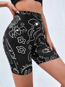 SHEIN EZwear Cartoon Graphic Cycling Shorts - Black - View 5