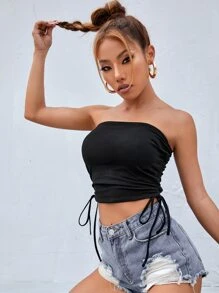 SHEIN Tops de mujeres Drapeado Liso Casual - Negro - Ver 2