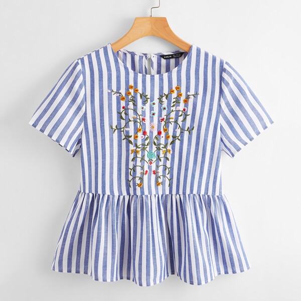 

Floral Embroidery Striped Peplum Top, Blue and white