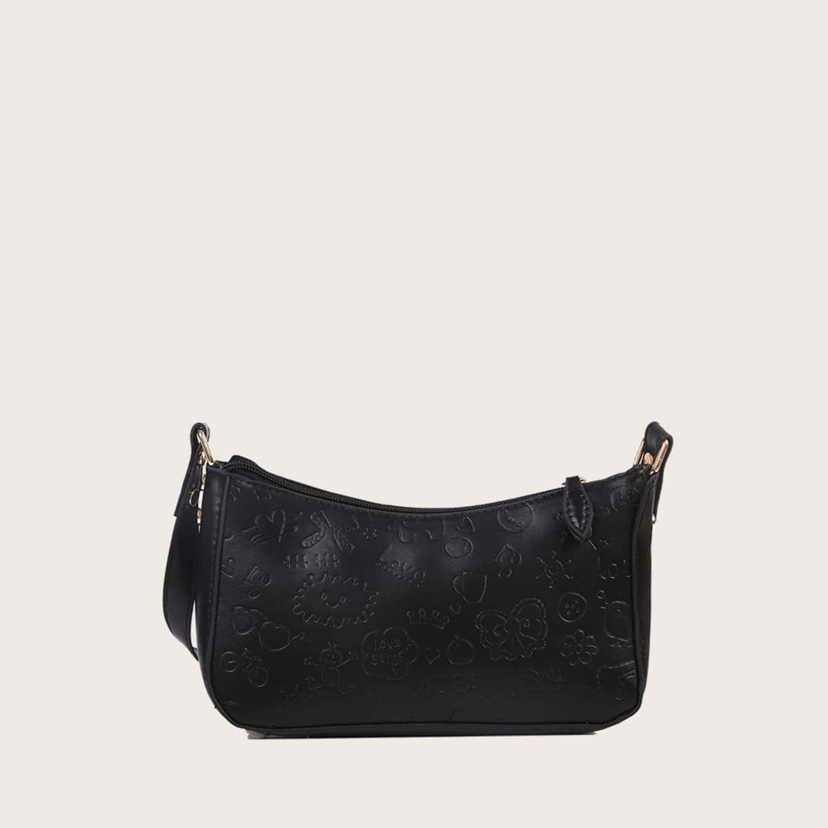 

Cartoon Embossed Baguette Bag, Black