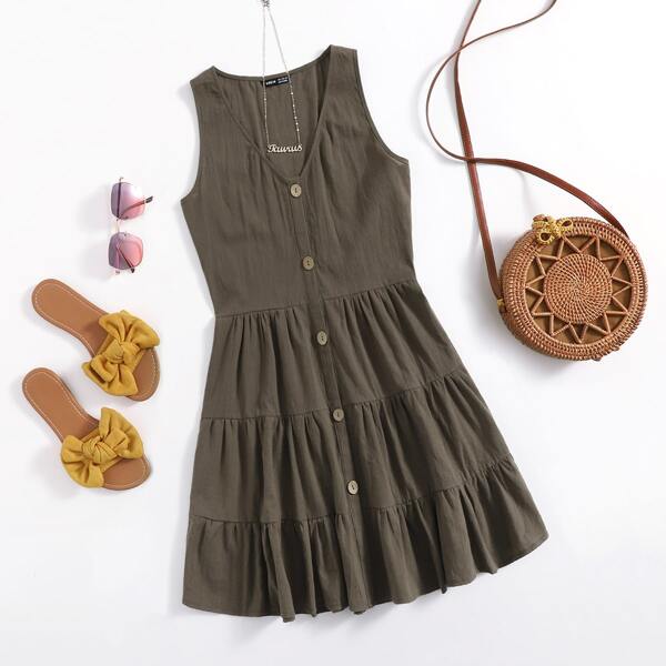 

V-neck Tiered Hem Dress, Army green