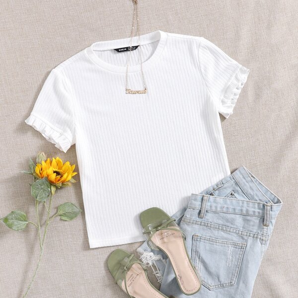 

Frill Cuff Rib-knit Tee, White