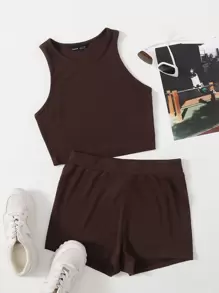 SHEIN Rib-knit Crop Tank Top & Cycling Shorts Set - Chocolate Brown - View 1