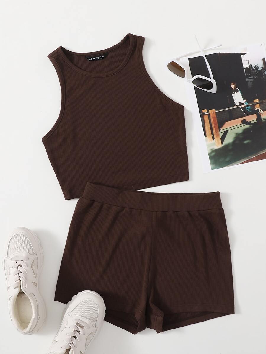 SHEIN Rib-knit Crop Tank Top & Cycling Shorts Set - Chocolate Brown - View 1