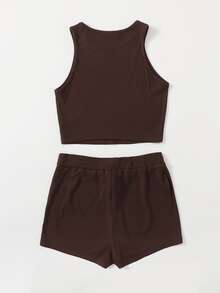 SHEIN Rib-knit Crop Tank Top & Cycling Shorts Set - Chocolate Brown - View 2