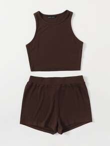 SHEIN Rib-knit Crop Tank Top & Cycling Shorts Set - Chocolate Brown - View 3