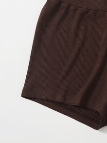 SHEIN Rib-knit Crop Tank Top & Cycling Shorts Set - Chocolate Brown - View 4