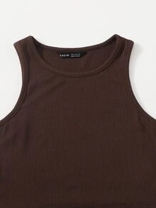 SHEIN Rib-knit Crop Tank Top & Cycling Shorts Set - Chocolate Brown - View 5