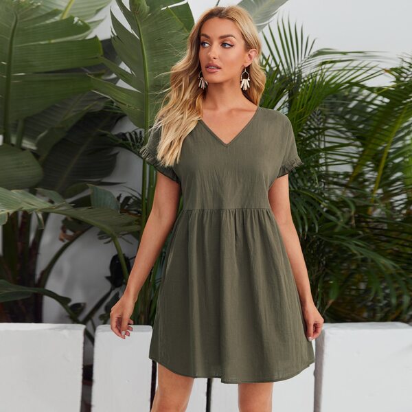

Solid Flounce Sleeve Smock Dress, Army green