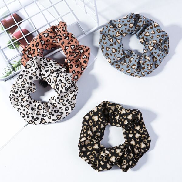 

4pcs Heart Print Pleated Scrunchie, Multicolor