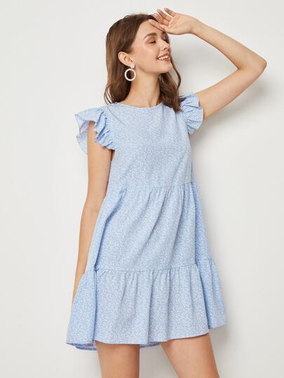 Soleia Allover Plants Print Butterfly Sleeve Dress