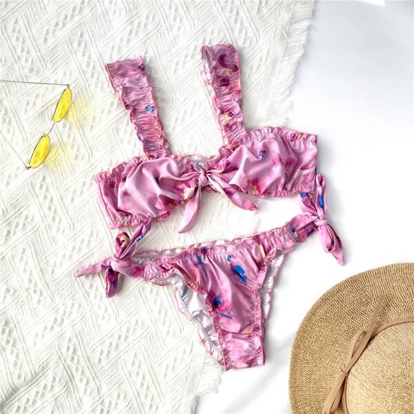 

Tie Dye Lettuce Trim Tie Side Bikini Swimsuit, Multicolor