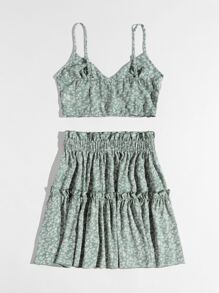 SHEIN 小碎花覆蓋紐扣吊帶上衣和多層下擺半身裙 - 彩色 - 查看 2