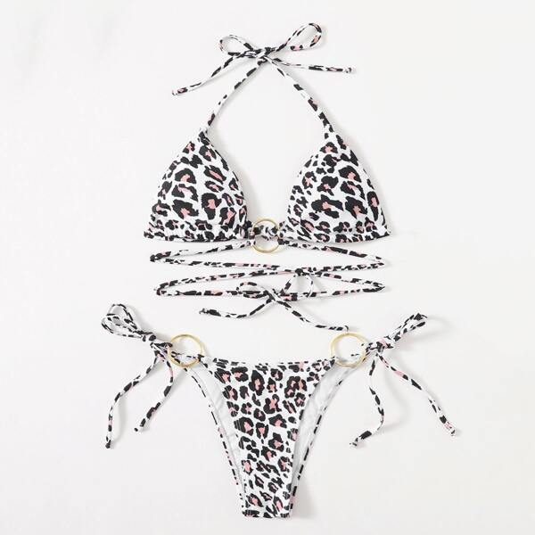 

Leopard Ring Linked Halter Bikini Swimsuit, Multicolor
