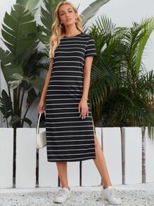 SHEIN LUNE Striped Split Hem Tee Dress - Black - View 1