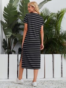 SHEIN LUNE Striped Split Hem Tee Dress - Black - View 2