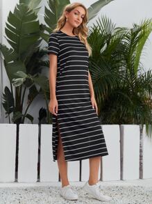 SHEIN LUNE Striped Split Hem Tee Dress - Black - View 4