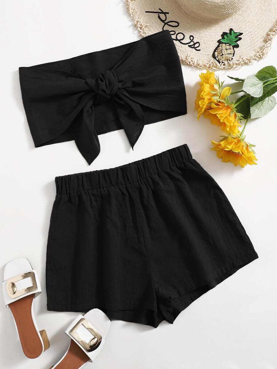 SHEIN Solid Tie Front Tube Top & Shorts Set - Black - View 1