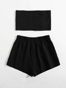 SHEIN Solid Tie Front Tube Top & Shorts Set - Black - View 2