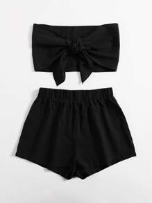 SHEIN Solid Tie Front Tube Top & Shorts Set - Black - View 3