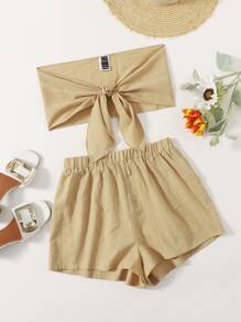 SHEIN 素色繫帶抹胸上衣和短褲套裝 - 卡其色 - 查看 1