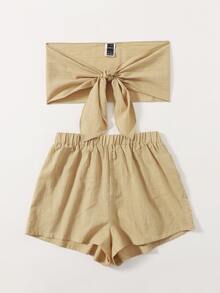 SHEIN 素色繫帶抹胸上衣和短褲套裝 - 卡其色 - 查看 3