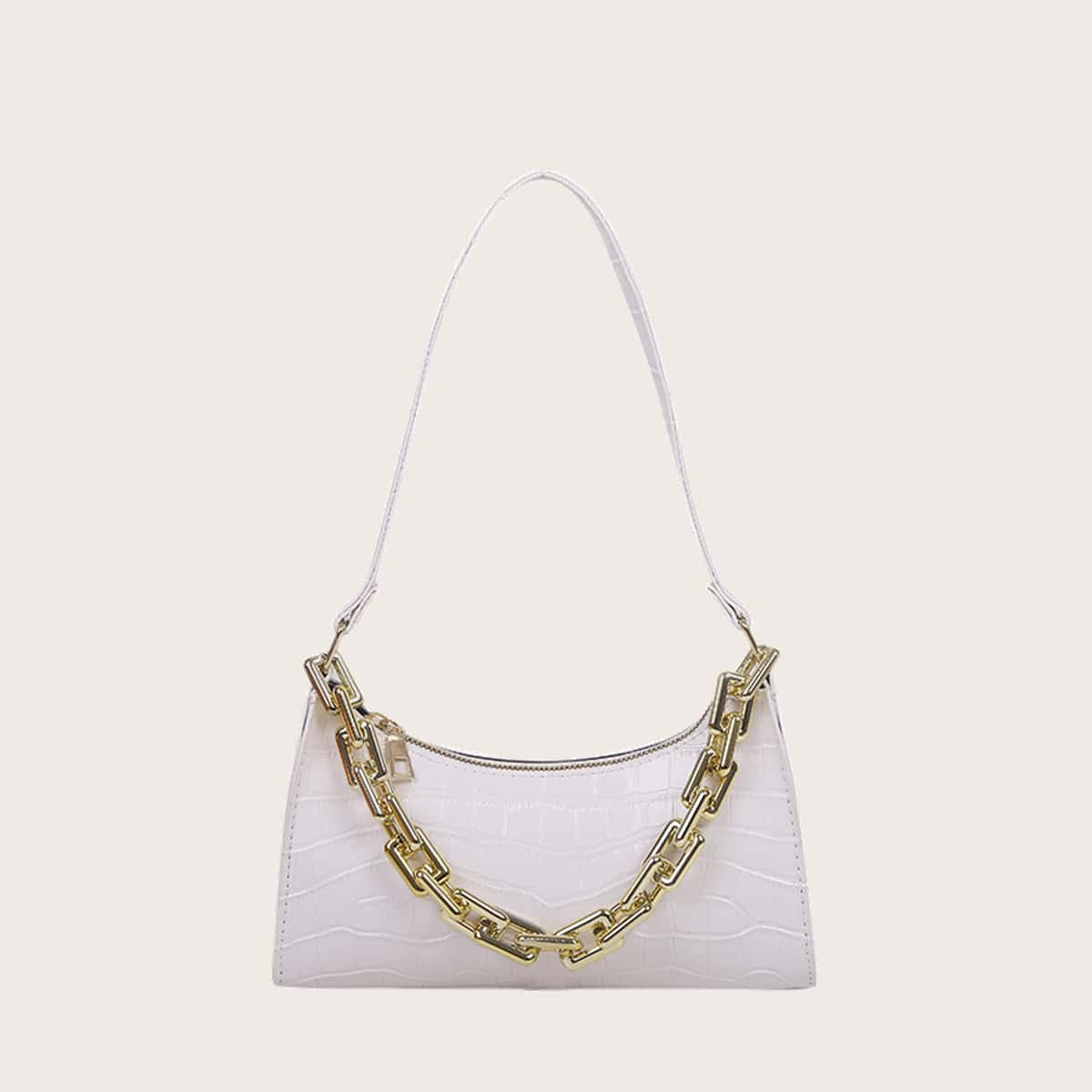 

Croc Embossed Chain Baguette Bag, White