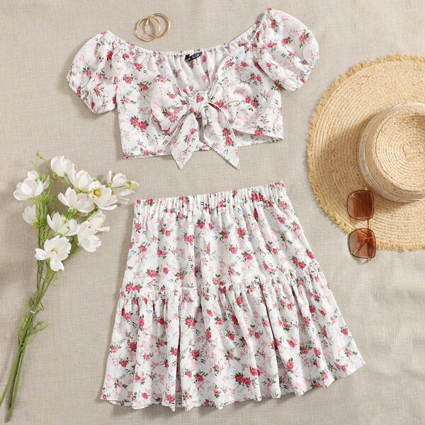 

Allover Floral Print Tie Front Top & Skirt Set, Multicolor