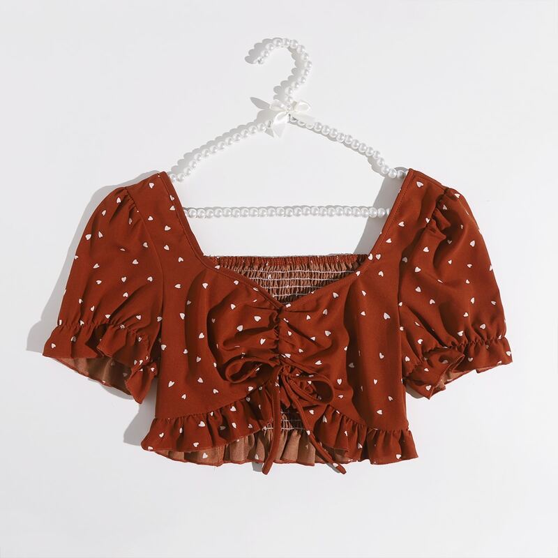 

Heart Print Drawstring Shirred Crop Top, Multicolor