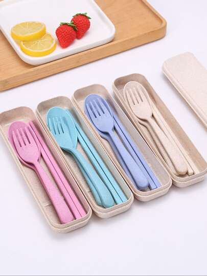 4pcs Wheat Straw Forks, Spoons, Chopsticks Portable Cutlery Set For Home & Travel