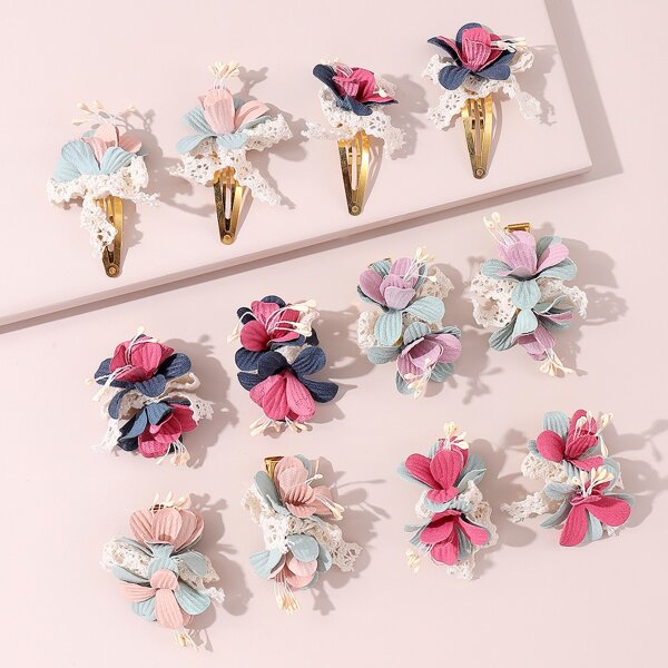 

12pcs Girls Flower Decor Hair Clip, Multicolor