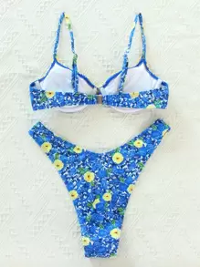 Swim SXY Summer Beach Floral Bikini Set Frill Underwire Bra & High Cut Bottom 2 Piece Bathing Suit - Blue - View 2