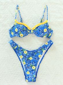 Swim SXY Summer Beach Floral Bikini Set Frill Underwire Bra & High Cut Bottom 2 Piece Bathing Suit - Blue - View 4