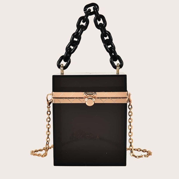 

Mini Metal Lock Chain Box Bag, Black