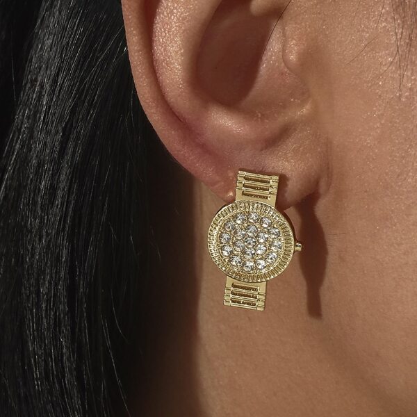 

Rhinestone Detail Watch Design Earrings, Gold