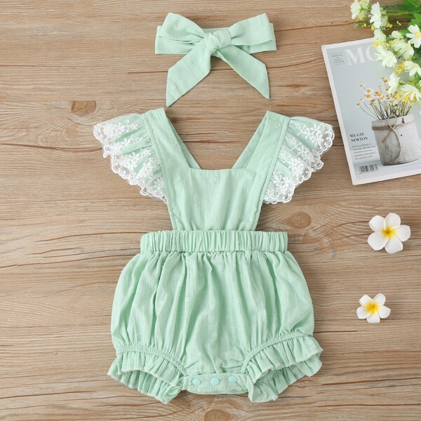 

Baby Girl Contrast Lace Romper With Headband, Mint green