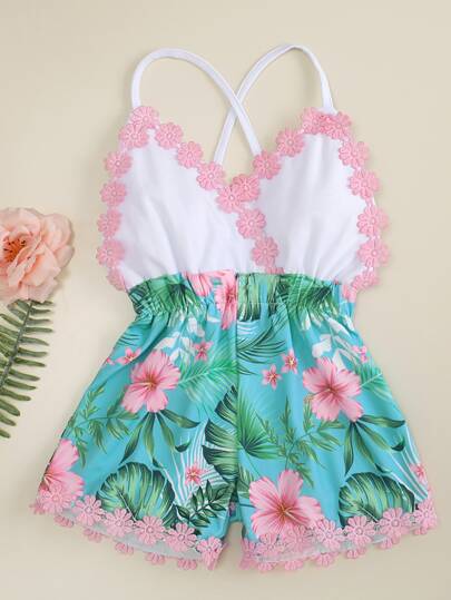 رومبر بشيالات للفتيات الصغيرات بطبعة استوائية وتطريزات وظهر متقاطع بالحبال الرفيعة