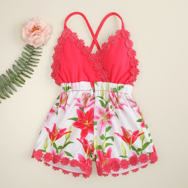 

Toddler Girls Floral Print Lace Trimed Criss Cross Romper, Multicolor