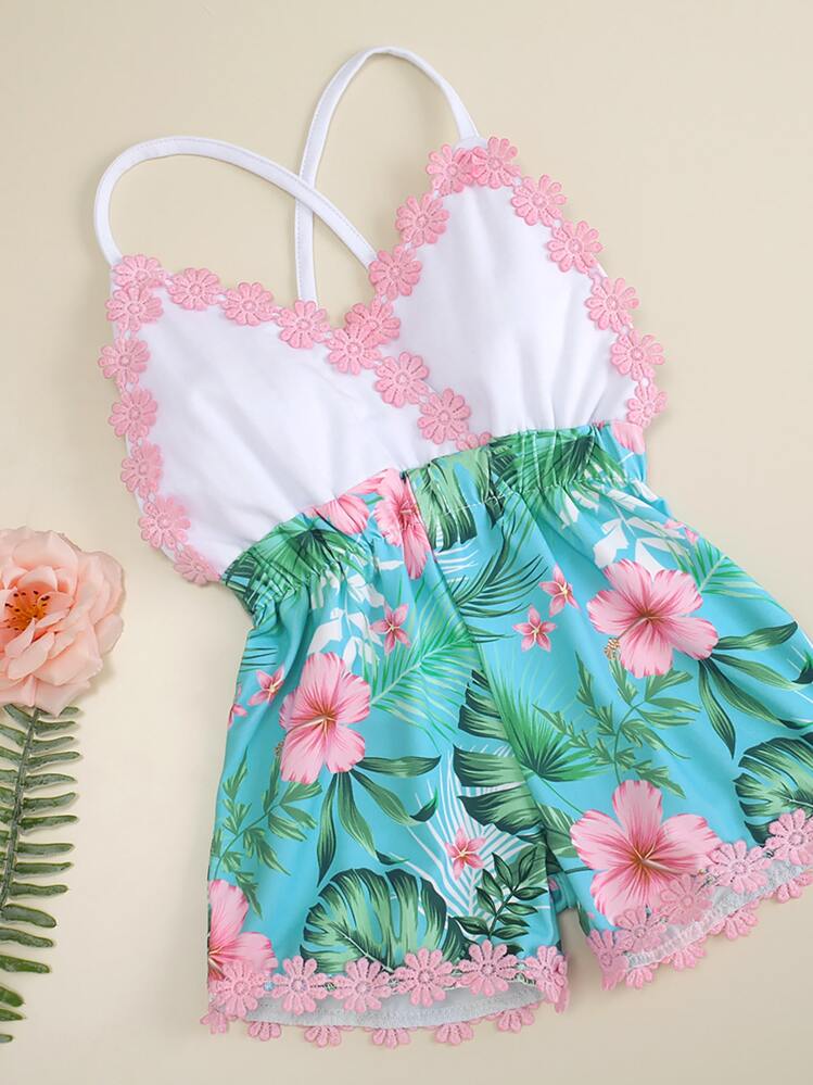 SHEIN 年輕女孩熱帶印花,刺繡交叉背帶連體衣 - 彩色 - 查看 3
