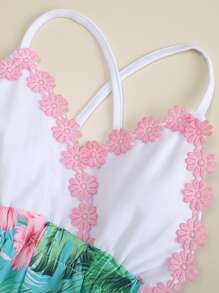 SHEIN 年輕女孩熱帶印花,刺繡交叉背帶連體衣 - 彩色 - 查看 4