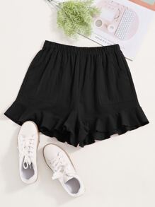 SHEIN Unity Ruffle Hem Slant Pocket Shorts - Black - View 1