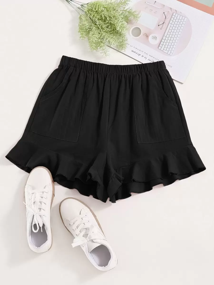 SHEIN Unity Ruffle Hem Slant Pocket Shorts - Black - View 1